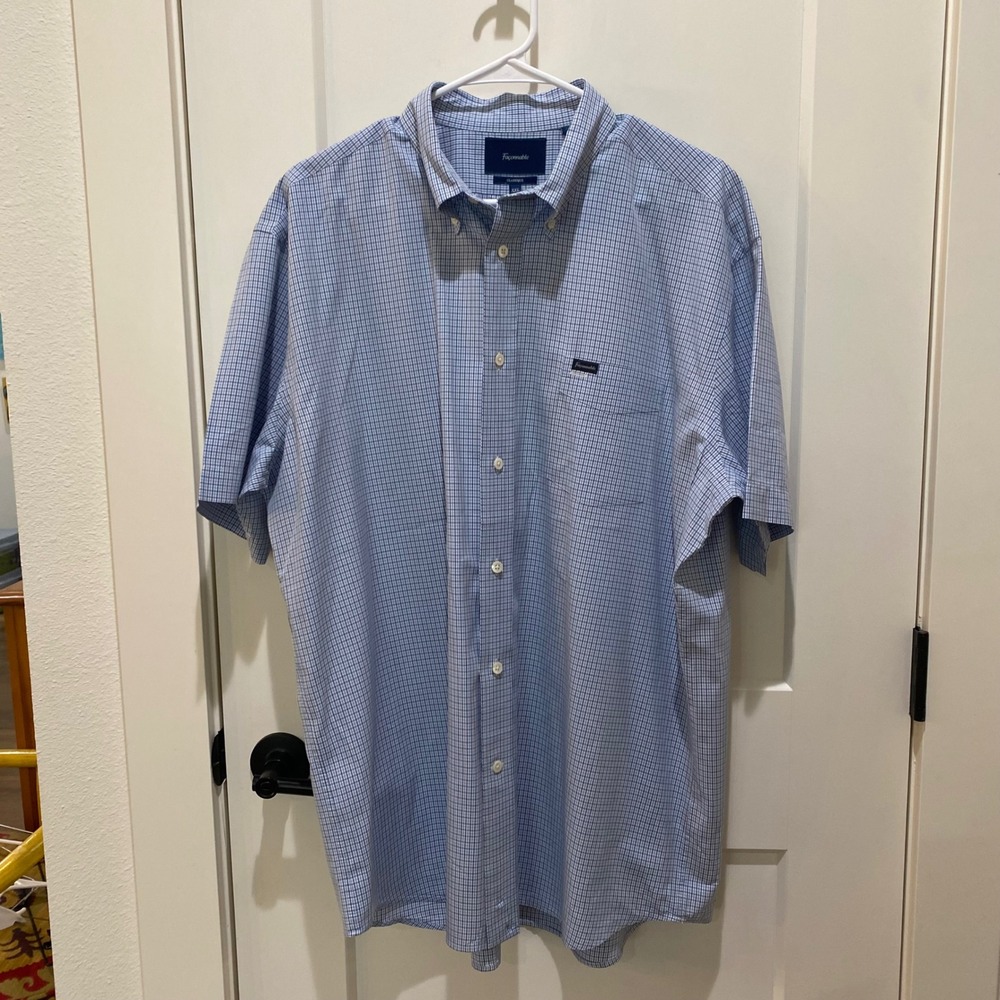 Faconnable Men's Classique Short‎ Sleeve Button Down. XXL. Blue/White/Navy Plaid